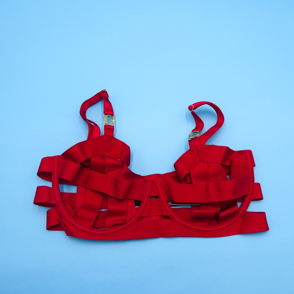 Victoria's Secret Bra Womens 34D Unlined Balconette Red Cage Strappy Satin